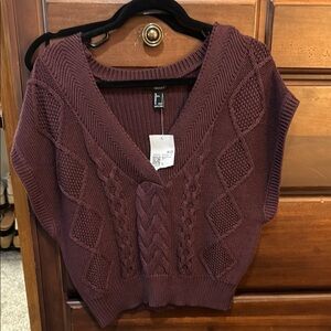 NWT Forever 21 Wine Colored   V-Neck Sweater with Cable Knit Design